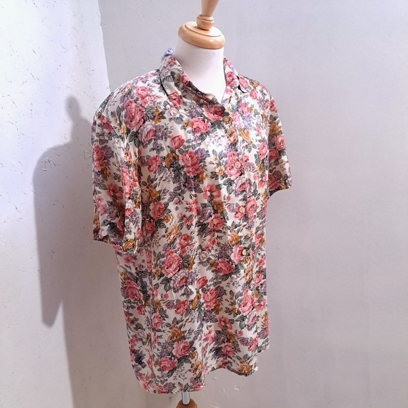 Dalia | Pink and Orange Floral Button Down Shirt with shoulder pads 100% silk - Picture 1 of 9